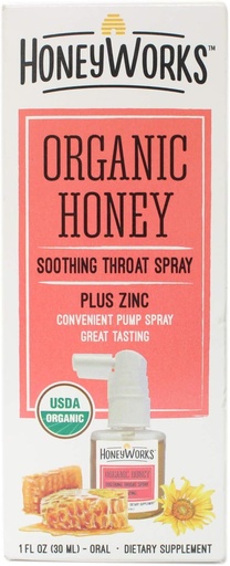 [BRSWKHDQB4IBEFIV] HoneyWorks Adult Throat Spray för öm halsavlastning, 1 Oz, lugnande icke-GMO USDA Organic Dark Honey + Zink, snabbverkande lättnad, ålder 12 år +