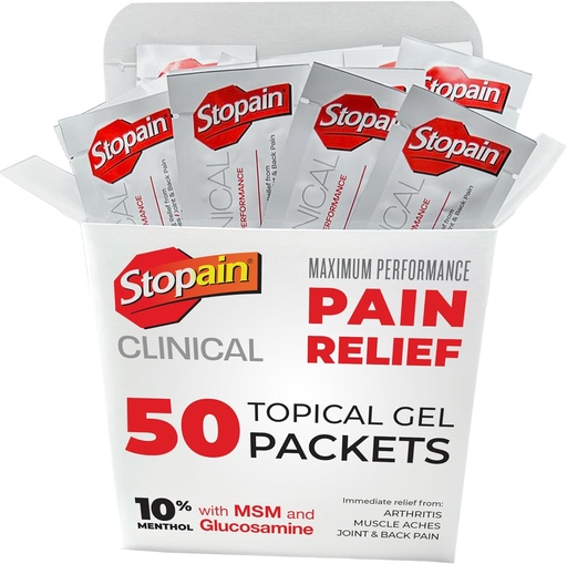 [BRSRMAL5AENAA2DZ] Stopain Pain Relief Clinical Gel Packets, USA Made, Max Strength Fast Acting with MSM, Glucosamine, Menthol for Arthritis, Lower Back Sciatica, Knee, Neck HSA FSA Topical Analgesic Products, 50 Pack