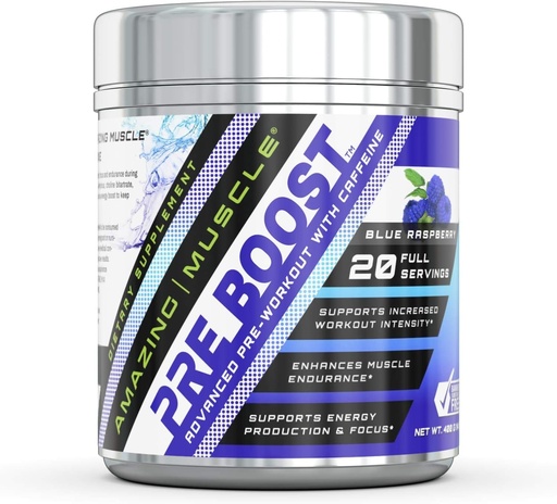 [BRSWG2QEBYAWCEY6] Amazing Muscle Pre Boost Formula ile Caffeine Supplement | 20 Servisler Per Konteyner | Blue Raspberry Flavor