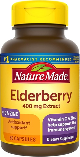 [BRSWYCQRCMFRE3TF] Nature Made Elderberry 400 mg Extract with Vitamin C and Zinc, dieta osagarria inmune euskarria, 60 kapsulak, 60 eguneko hornidura