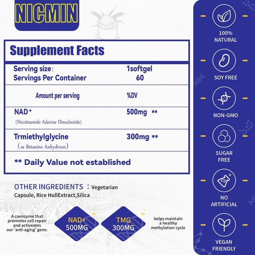 [BRSRMHQCOF5QKDIU] NAD liposomique+ Supplément 800mg avec TMG 300mg, Supplément NAD+ réel d'absorption maximale (pas un précurseur pour l'énergie cellulaire, le vieillissement en santé et la réparation musculaire 60 Capsules