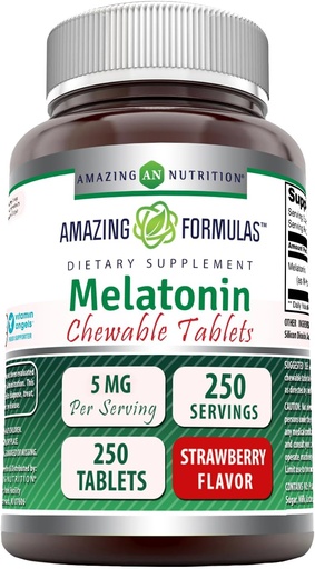 [BRSROZAPAQNQ223B] Amazing Formulas Melatonin Chewable Supplement | 5 Mg Per Serving | 250 Tablets | Non-GMO | Gluten-Free | Made in USA (Strawberry Flavor)