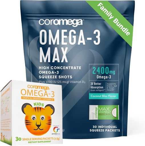 [BRSRAGA5AUIGOYDK] Coromega Family Bundle – Omega-3 Fish Oil for Adults & Kids (60 Squeeze Packets) 2400mg/650mg Omega-3 + Vitamin D, 3X More Absorption Than Pills, No Fishy Aftertaste, Coconut Bliss & Tropical Orange