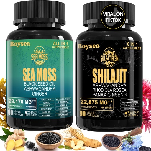[BRSRAYACCAOR4E3X] Boysea. Shilajit eta Sea Moss Bundle - Sea Moss (7000mg), Ashwagandha (2000mg), Black Seed Oil (4000mg), Ginger & Shilajit (9000mg), Rhodiola Rosea (1000mg) - 90 Count (1 Pack)