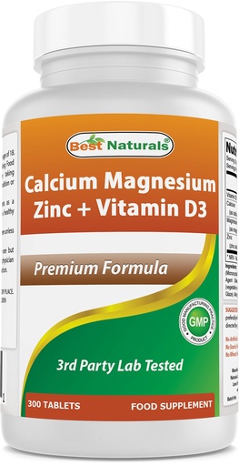 [BRSW2FD2CUHQI337] Best Naturals Calcium Magnesium Zinc with Vitamin D3, 300 Tablets - Calcium 1000 mg, Magnesium 400 mg, Zinc 25 mg & D3 600 IU per Serving (3 Tablets)