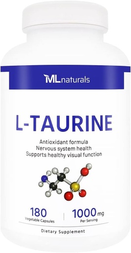 [BRSRMCTYCIHG2HL3] ML Naturals L- Taurine 1000 mg 180 Rastlinné kapsuly. 99, 9% Čistota L- Taurine. Zdravie nervového systému a podpora antioxidantu, NSF-Certifikované a cGMP-Compliant.