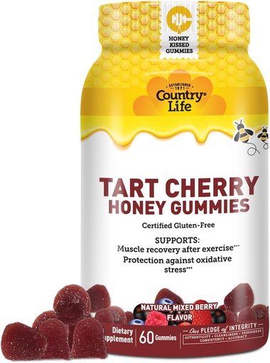 [BRSRAYIEPMAQEHIU] Country Life® Tart Cherry Honey Gummies - Non-GMO - 공인 글루텐 무료 - AVA의 공인 채식 - 운동 후 근육 회복 지원 ***