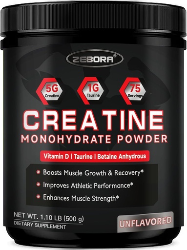 [BRSRAFLYDECRQ3I2] ZEBORA Micronized Creatine Monohydrate Powder, Creatine Monohydrate for Women-Men, Ayuda a la recuperación del músculo, mejora el tamaño del músculo &amp; fuerza con 5G Creatine y 1G Taurine