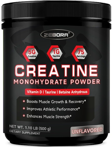 [BRSRAFLYDECRQ3I2] ZEBORA Micronized Creatine Monohydrate Powder, Creatine Monohydrate for Women-Men, Helps Muscle Recovery, Enhances Muscle Size & Strength with 5G Creatine and 1G Taurine, 75 Servings
