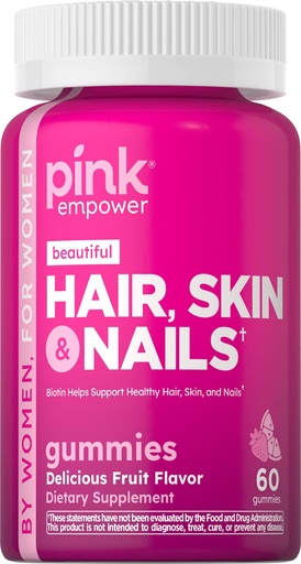 [BRSWYZT7PN6BEG3D] PINK Hair Skin Nails Gummies | Plus 2,500 mcg of Biotin | 60 Count | Non-GMO & Gluten Free Vitamins for Women | Strawberry Flavor