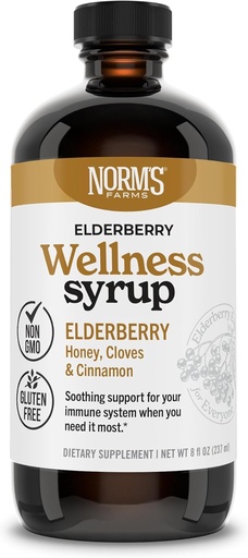 [BRSWK235OEDQIHTG] Norm's Farms Wellness Black Elderberry Syrup with Honey, Cinnamon & Cloves - Made in USA, Natural Immune Support, No Alcohol or Fillers, Gluten-Free, Non-GMO, Vegan, Pure Elderberry Juice Syrup - 8 Oz