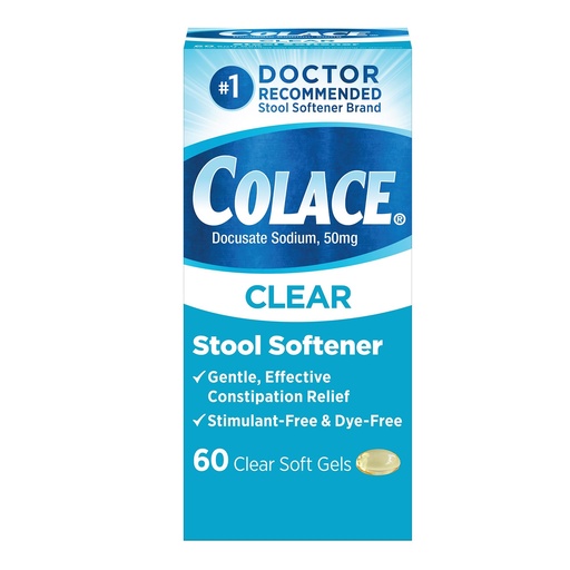 [BRSRAYYOB4GQIE3Z] Colace Clear Stool Softener Soft Gel Capsules, Constipation Relief, 60 Ct | No.1 doctor recommended stool softener brand, 50 mg Docusate Sodium