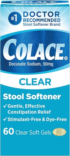 [BRSRAYYOB4GQIE3Z] Colace Clear Stool Softener for Gentle Effective Constipation Relief, #1 Doctor Recommended Stool Softener Brand, Dye Free, 50 mg Docusate Capsules, 60 Count