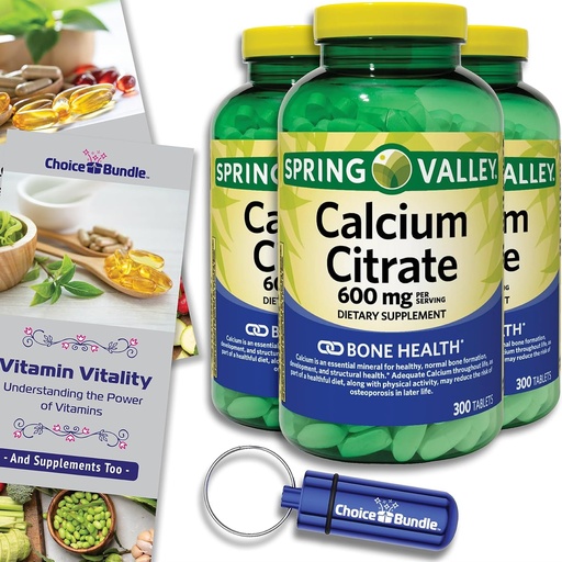 [BRSRAGQDBV6QKYLJ] Spring Valley Calcium Citrate Tablets Dietary Supplement 600 mg 300 Ct 3 pk Choice Bundle (900 Total) + Vitamin Guide & Pill Container (5 Items)!