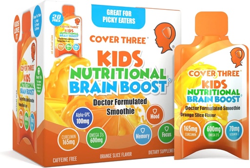 [BRSWGHY6CEIWOHTB] Couverture trois suppléments pour les enfants Cerveau Supplément Smoothie, Omega 3 Enfants liquides DHA Huile de poisson, Enfants Focus et attention, Soutien émotionnel, 20 Pouches, Pack 1