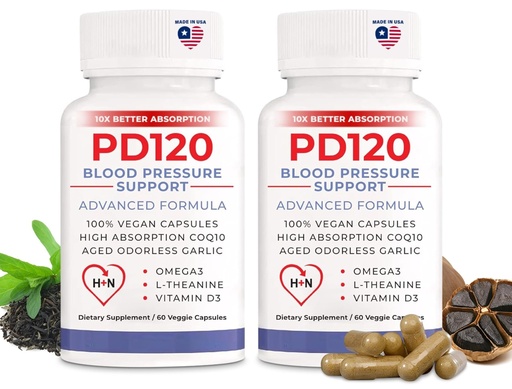 [BRSWGCQZPMCWK332] PD120 | Blood Pressure Support Supplement | Heart Health | CoQ10 Beet Root Garlic Extract Hawthorn Berry Omega-3 Vitamin D3 Nitric Oxide | 2 Month Supply | 120 Veggie Caps