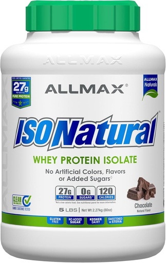 [BRSWIGDZDMPREHTK] AllMAX ISONATURAL Whey Protein Isolate, Chocolate - 5 lb - 27 Grams of Protein Per Scoop - Zero Fat " Sugar - 99% Lactose Free - with Prebiotics - no Artificial Flavors - Approx 73 Servings