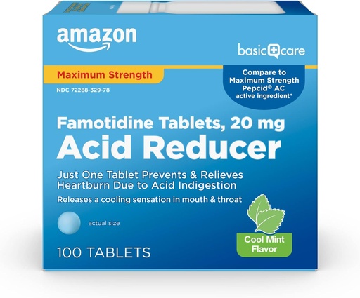 [BRSW2HALCIFRUGYV]   Basic Care Famotidine 20mg Cool Mint Tablets, 100 Count, White