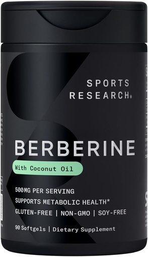 [BRSROHQPBFYBMF3A] Sports Research Berberine Supplement with Coconut Oil - Herbal & Ayurvedic Metabolic Health Support - Berberine 500mg, 90 Softgels - Gluten-Free, Non-GMO Berberine Powder
