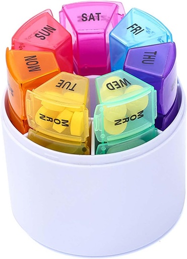 [BRSW2CT2DJ6WKHL2] Weekly Pill Manager, 4 Daily Pill Boxes, 7-Day Pill Rack Moisture-Proof, Pill Box Medication Reminder, Portable Vitamin Fish Oil Medication and Supplement Container (Cylindrical Storage)