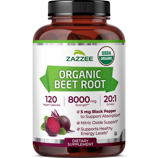 [BRSWGAIFAUHGEE3U] Zazzee USDA Organic Beet Root 20:1 Extract, 120 Vegan Quick Release Capsules, 4 Month Supply, Nitric Oxide Support, Black Pepper Extract for Enhanced Absorption, Certified Kosher, Non-GMO, Made in USA