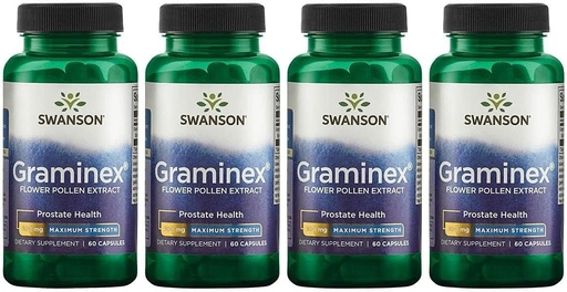 [BRSWGFD3BYFAK2T3] Экстракт цветочной пыльцы Swanson Maximum Strength Graminex - Поддерживает здоровье простаты, функцию мочевыводящих путей и здоровье почек - Дополнение для здоровья мужчин - (60 капсул, 500 мг каждая) (4 упаковки)