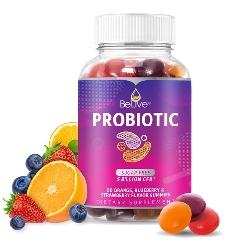 [BRSWECATCMNGACAU] BeLive Probiotic Gummies - Probiotics with 5 Billion CFUs for Digestive Health, Men, Women & Kids - for Immune Support, Sugar Free & Vegan | 60 Ct – Blueberry, Strawberry & Orange