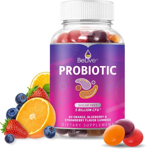 [BRSWECATCMNGACAU] BeLive Probiotic Gummies - Probiotikoak 5 mila milioi CFUrekin Digestio Osasunerako, Gizonak, Emakumeak eta Haurrak - Laguntza Inmunorako, Sugar Free & Vegan | 60 Ct - Blueberry, Strawberry eta Orange