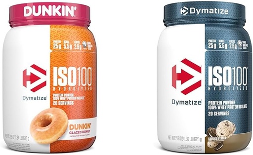 [BRSROBQEOUNRE2TO] Dymatize ISO100 Hydrolysert Proteinpulver, 100% Whey-isolat, Dunkin' Glazed Donut Flavor, 20 Serveringer & ISO100 Hydrolysert Proteinpulver, 100% Whey-isolateprotein, 25 g protein, 5,5 g BCAA