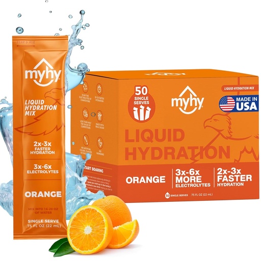 [BRSRMYD3OF6RQ2TF] MyHy Liquid Hydration Packets, Electrolyte Drink Mix para adultos & Kids Hydration Soporte, alivio de deshidratación para viaxes, embarazo, fitness, Bachelor & Bachelorette Party - Orange, 50 Count