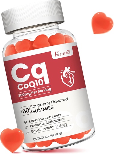 [BRSRAGQTAANWOCDK] Høy absorpsjon CoQ10 Gummies 250 mg, Plus Omega-3, Vitamin B3 for cellulær energi, hjerne og antioksidant, 5X bedre absorpsjon Coenzym Q10 Supplement, bringebær flavored - 60 Cts