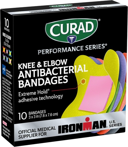 [BRSWYGAPC4PWO3LF] CURAD Performance Series IRONMAN Antibakteriális Bandages, Extreme Hold Adhesive Technology, Knee & Elbow 3 inch x 3 hüvelyk, 10 Count, Ideal for Cuts, Scrapes, Sports, and Active Lifestions