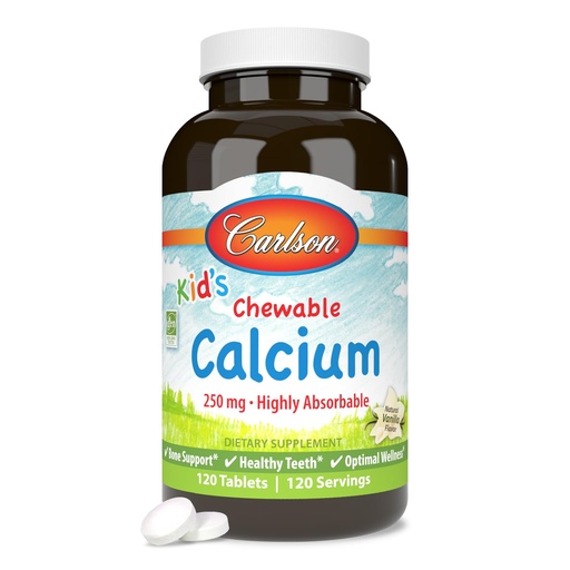 [BRSWIGQOAYCWKC3C] Carlson - Kid's Chewable Calcium, 250 mg, Highly Absorbable, Bone & Teeth Support, Optimal Wellness, Natural Vanilla Flavor, 120 Tablets