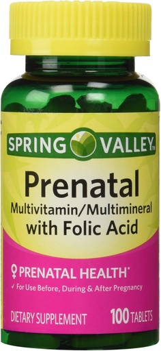 [BRSWIYYYCENR2YIV] Spring Valley - Prenatal, multivitamínico, multimineral, 100 tabletas de ácido fólico