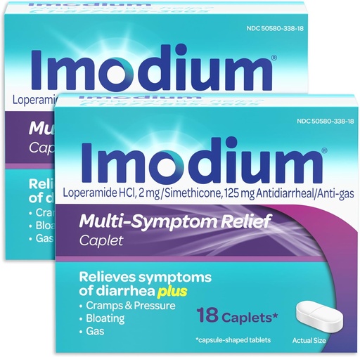 [BRSROCYHAUBGYYIU] Imodium Multi-Symptom Relief Caplets with Loperamide Hydrochloride and Simethicone, Anti-Diarrheal Medicine for Treatment of Diarrhea, Gas, Bloating, Cramps & Pressure, 2 Pack