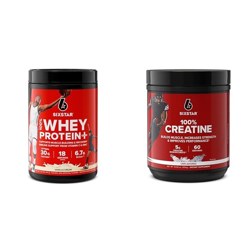 [BRSRAY33AEHRUFIV] Six Star Whey Protein Plus & Creatine Monohydrate Powder Bundle | Vanilla Whey Protein Isolate 1.8 lbs & Unflavored Creatine 60 Servings