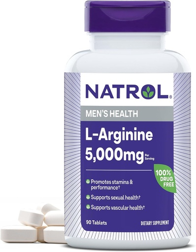 [BRSWIYYMCB7Q2YLC] Natrol L-Arginine 5,000 mg, Dietary Supplement for Men's Health, L-Arginine Supplement, 90 Tablets, 18 Day Supply