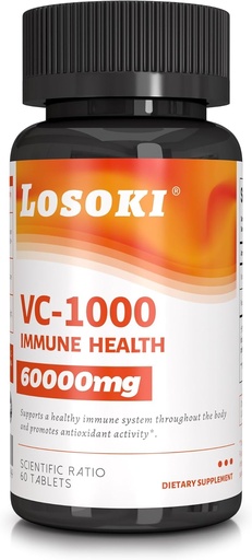 [BRSRAYL7OYPRGA3D] Losoki VC 1000 - Suppléments à haute teneur en vitamine C pour le soutien immunitaire et la protection antioxydante - Formule tamponnée avec poudre de HIPS Rose - 60 comprimés