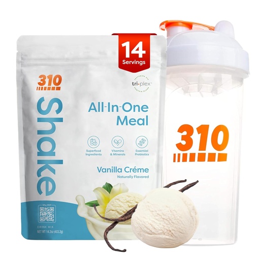 [BRSW2CD3B4BWADTK] 310 Nutrition All-in-One Meal Replacement Shake Powder w/Shaker Cup Starter Kit - High Protein Fiber Rich Vegan Superfood Blend - Sugar-Free, Keto & Paleo Friendly, Low Carb - Vanilla Creme 14 srv