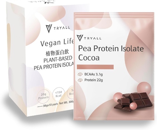[BRSWY2Q6OQBGCYLO] TRYALL Plant Based Pea Protein Powder Isolate (22g of Protein) Travel Sachets (Cocoa Milk, 10 Packs)