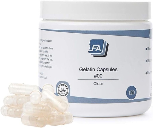 [BRSWYGQQPIIQKHLH] Size 00 Empty Capsules - Clear Gelatin - 120 Count Jar - Fits Capsule Machine Filling Tray - Joined Beef Gel Caps Easy Snap for DIY Powder Supplement Pills - Certified Halal
