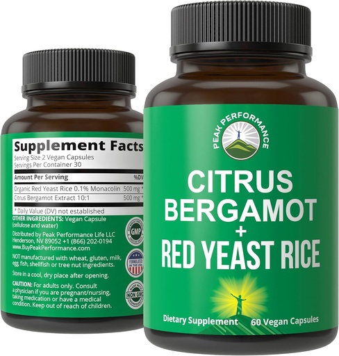 [BRSW2AAQCEAQ23LV] Citrus Bergamot + Red Yeast Rice. 2-in-1 supplement. ارتفاع القوة 10: 1 مخرج بيرغاموت. لا غلوتين، زيرو سوغار، فيغان كابسوليس