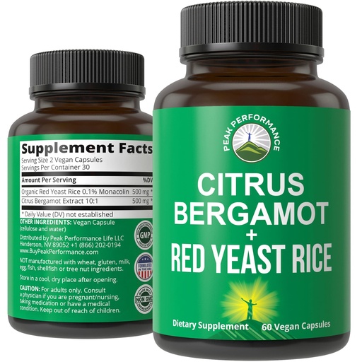 [BRSW2AAQCEAQ23LV] Peak Performance Citrus Bergamot + Red Yeast Rice. 2-in-1 Supplement. High Strength 10:1 Bergamot Extract. No Gluten, Zero Sugar, Vegan Capsules