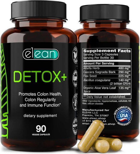 [BRSRMCQBCICGKAY2] ELEAN Detox Plus Blended з Probiotic, Alfalfa, насіння льону, органічне алое Вера, Саскара Саграда корк для очищення кишечника, здоров'я кишечника, травне здоров'я та Загальне обслуговування колон. 90 капсули 30 Днів постачання