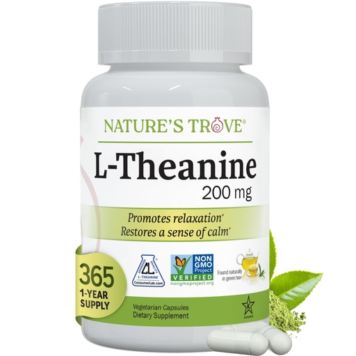 [BRSWKHY2PN6BG2Y6] Nature's Trove L-Theanine 200mg Super Value Size - 365 Vegetarian Capsules
