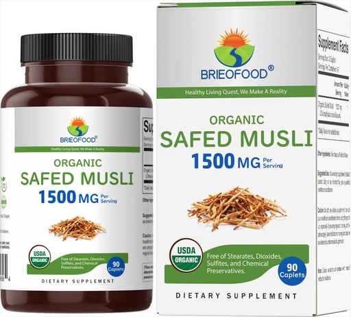 [BRSRMZDQCINBYDT3] Brieofood Organic Safed Musli 1500mg, 45 Servings, Vegetarian, Gluten Free, 90 Comprimidos Vegetarianos