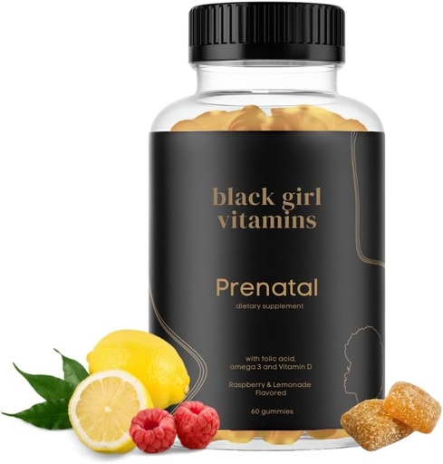 [BRSRAEIQOUPQKFDK] Vitaminas de las niñas negras - Gummies prenatales para las mujeres Vitamina con Folato para el apoyo a la salud ósea, libre de gluten, (Raspberry-Lemonade), 60ct