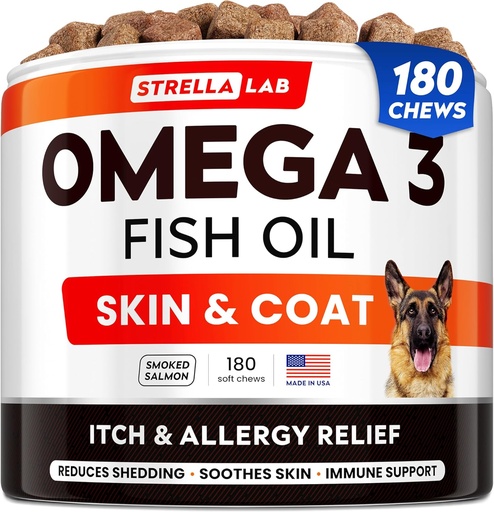 [BRSRMZIOA4PA42TH] StrellaLab Omega 3 for Dogs - (180Ct) Fish Oil Treats - Allergy & Itch Relief Skin & Coat Supplement - Dry Itchy Skin, Anti Shedding & Hot Spots Treatment - Pet Salmon Oil Chews - Smoked Salmon Flavor