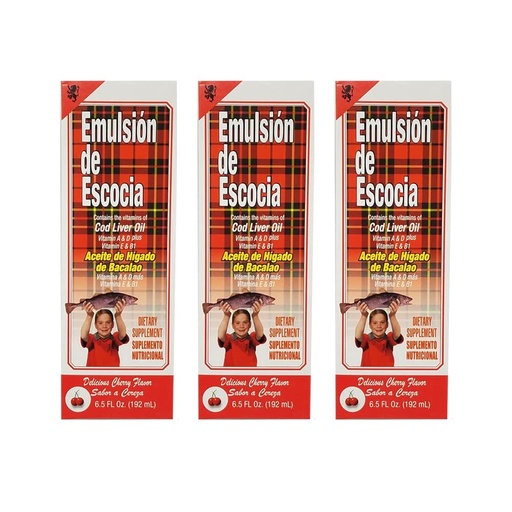 [BRSWGHTYCQCG22D4] Emulsion de Escocia Cod Liver Oil Dietary Supplement. Rich in Vitamins A, D, E and B1. Cherry Flavoured. 6.5 Fl Oz / 192 mL. Pack of 3