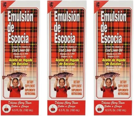 [BRSWGHTYCQCG22D4] Emulsion de Escocia Cod Liver Oil Suplemento dietético. Rica en vitaminas A, D, E y B1. Cherry Flavoured. 6.5 Fl Oz / 192 mL. Paquete de 3